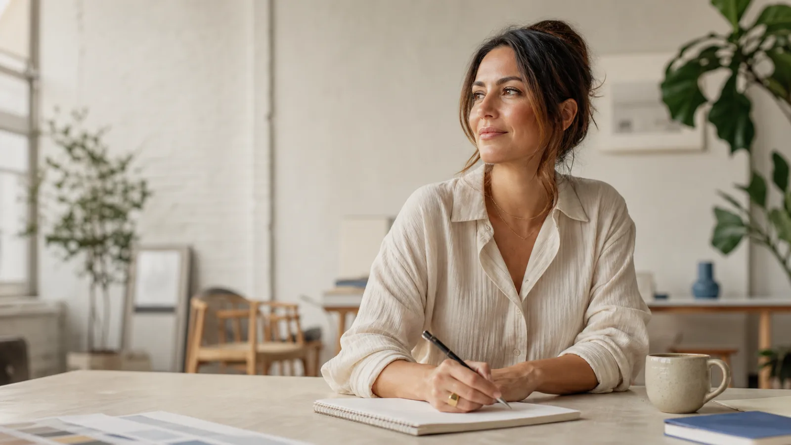 A creative professional planning a project brief at her studio desk